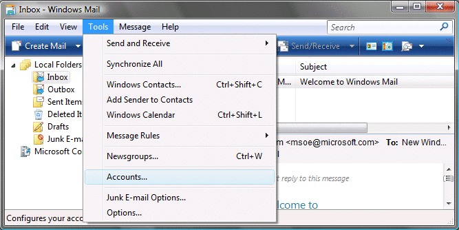 Windows mail - settings 1