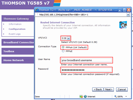 Choose 0.38 for VPI/VCI and PPPoA for Connection Type.  Then Enter your Broadband Username and Password and click Next.