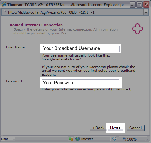 Enter your Broadband Username & Password and click Next.