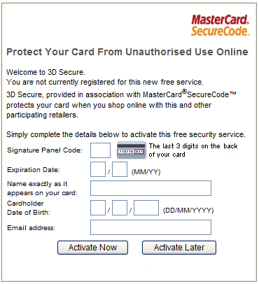 Verified by Visa and MasterCard SecureCode registration screen.